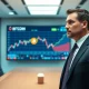 Michael Saylor in a boardroom looking at a Bitcoin price chart on a large digital display.