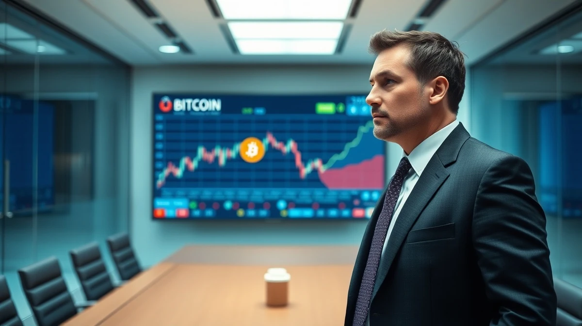 Michael Saylor in a boardroom looking at a Bitcoin price chart on a large digital display.
