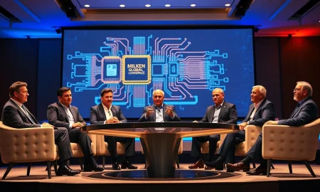 Five AI industry leaders in discussion on stage at the Milken Global Conference 2026 in Beverly Hills