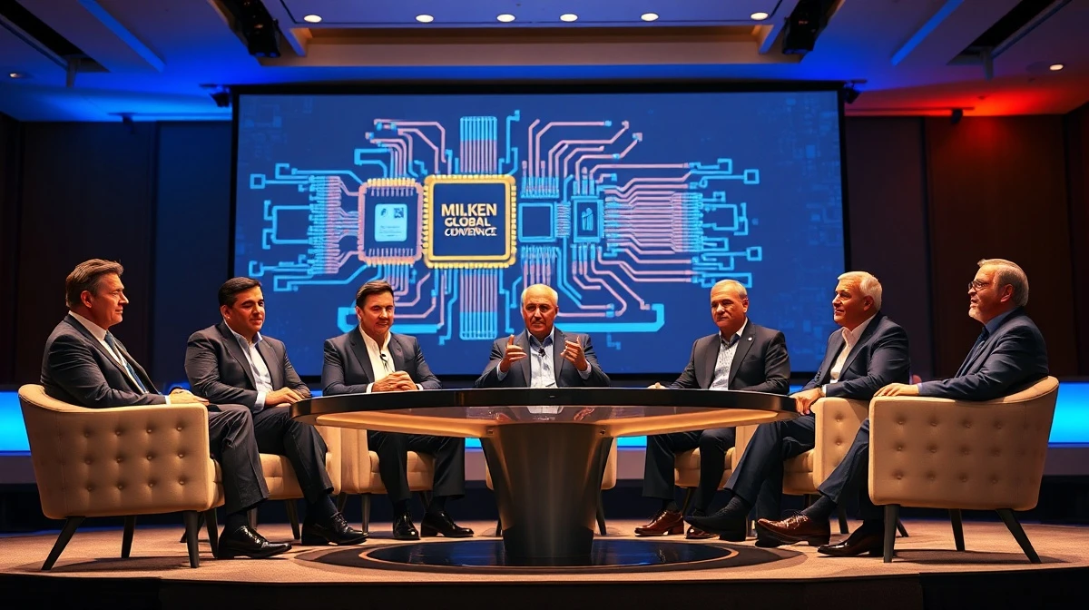 Five AI industry leaders in discussion on stage at the Milken Global Conference 2026 in Beverly Hills