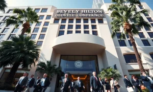 Financiers and business leaders entering the Beverly Hilton for the Milken Institute Global Conference