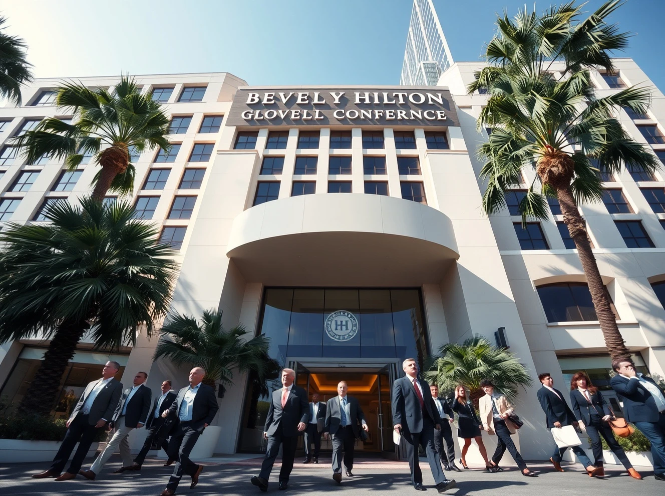 Financiers and business leaders entering the Beverly Hilton for the Milken Institute Global Conference