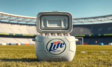 Miller Lite limited-edition Matchball cooler shaped like a soccer ball, open and holding a 12-pack of beer on a grassy field near a stadium.