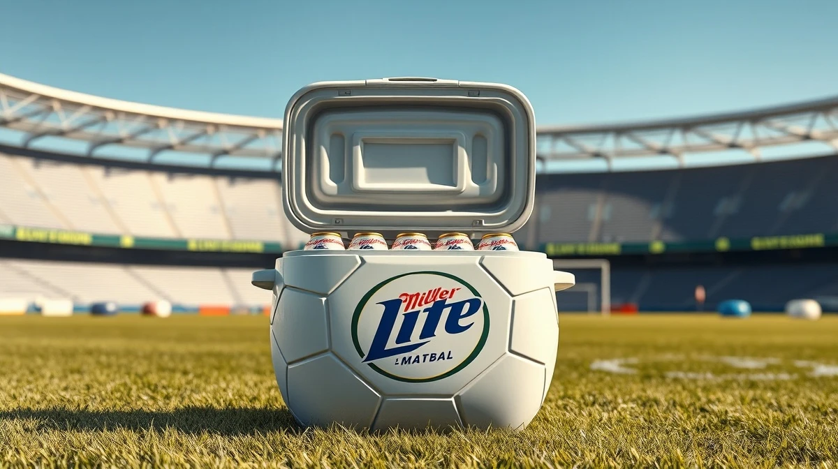 Miller Lite limited-edition Matchball cooler shaped like a soccer ball, open and holding a 12-pack of beer on a grassy field near a stadium.
