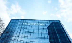 Moderna headquarters building on a sunny day in Cambridge, Massachusetts