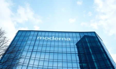 Moderna headquarters building on a sunny day in Cambridge, Massachusetts