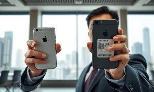 Hong Kong banker holding two iPhones including a China-only model with security labels