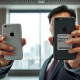 Hong Kong banker holding two iPhones including a China-only model with security labels