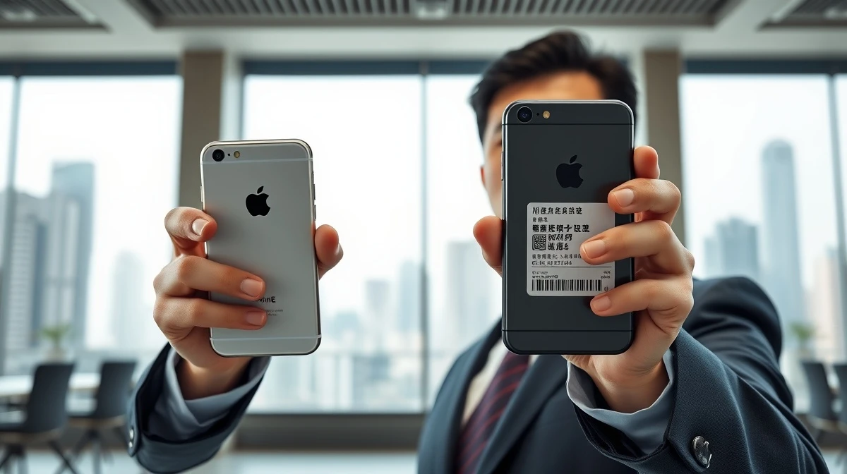 Hong Kong banker holding two iPhones including a China-only model with security labels