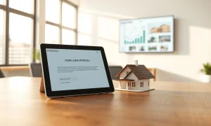 Digital tablet showing a home loan approval app next to a small model house on a desk in a modern office.