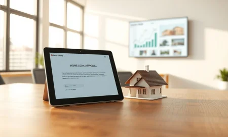 Digital tablet showing a home loan approval app next to a small model house on a desk in a modern office.