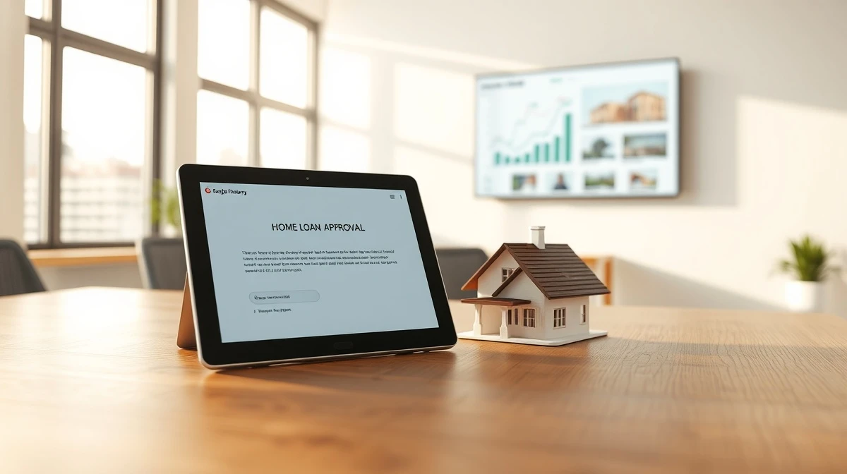 Digital tablet showing a home loan approval app next to a small model house on a desk in a modern office.