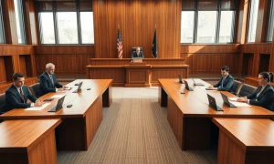 Courtroom scene with legal teams representing Elon Musk and OpenAI during closing arguments.