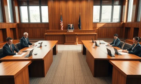 Courtroom scene with legal teams representing Elon Musk and OpenAI during closing arguments.