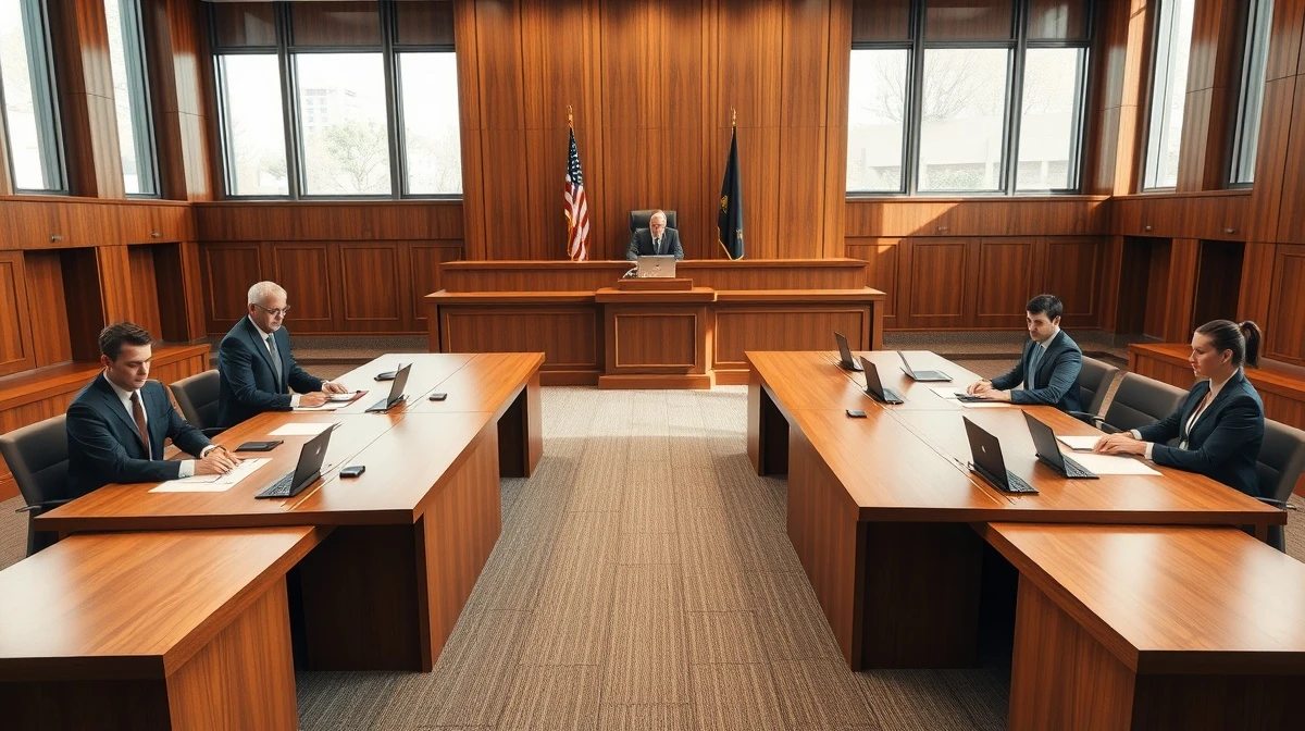 Courtroom scene with legal teams representing Elon Musk and OpenAI during closing arguments.