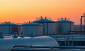 Natural gas storage facility at sunset with warm sky indicating hot weather
