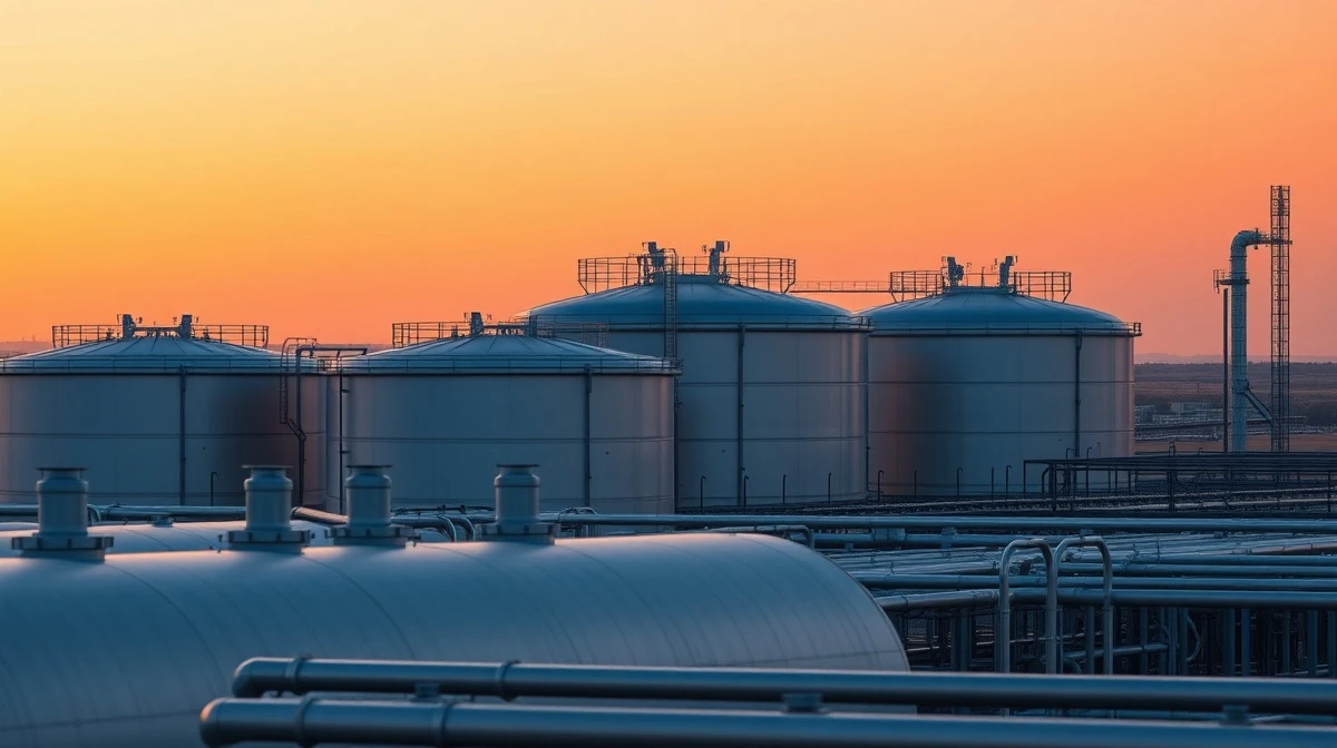 Natural gas storage facility at sunset with warm sky indicating hot weather