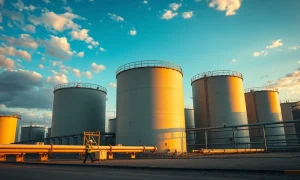 Natural gas storage tanks at an industrial facility at dusk