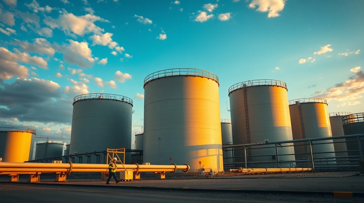 Natural gas storage tanks at an industrial facility at dusk