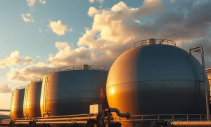 Natural gas storage tanks at a US Gulf Coast facility under partly cloudy afternoon sky