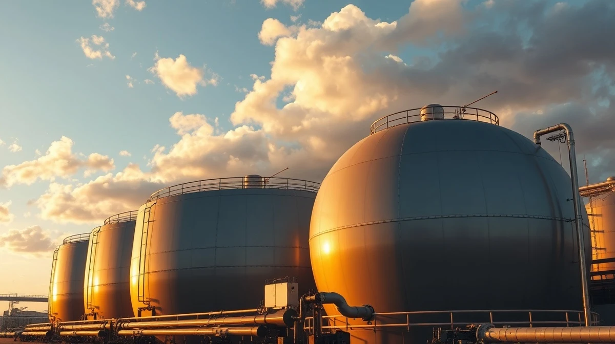 Natural gas storage tanks at a US Gulf Coast facility under partly cloudy afternoon sky