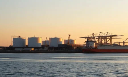 Aerial view of a US Gulf Coast LNG export terminal at sunrise with storage tanks and loading dock
