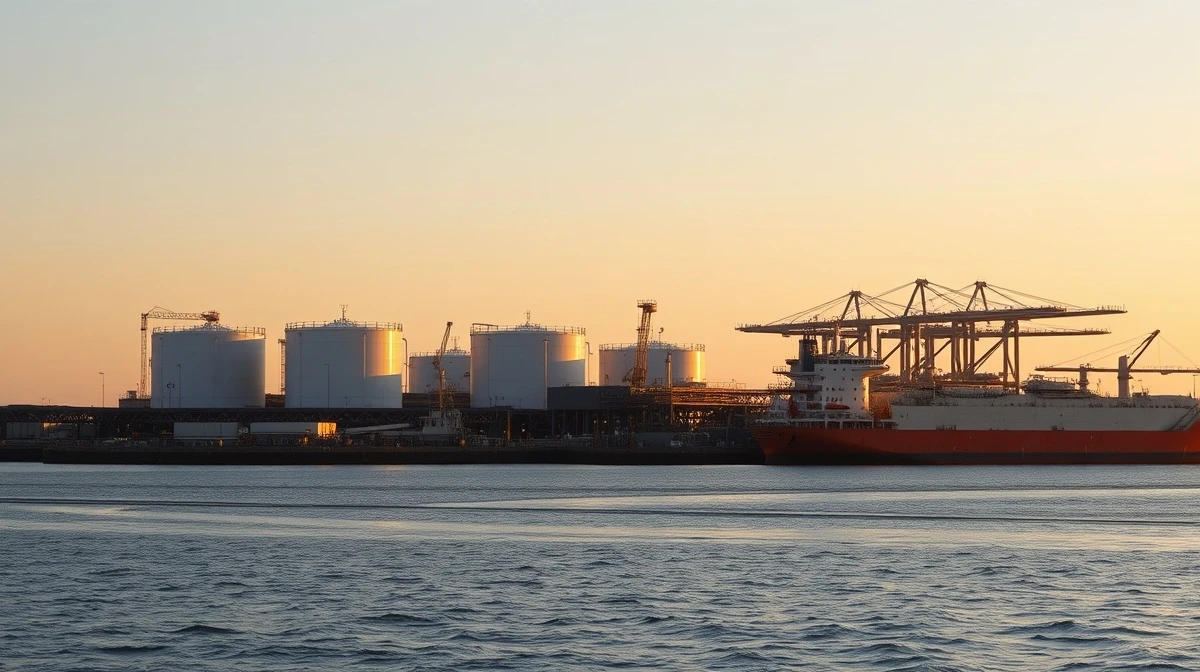 Aerial view of a US Gulf Coast LNG export terminal at sunrise with storage tanks and loading dock