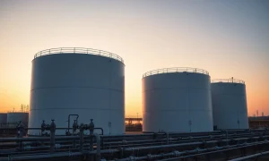 Natural gas storage facility at sunset with large white tanks and industrial piping