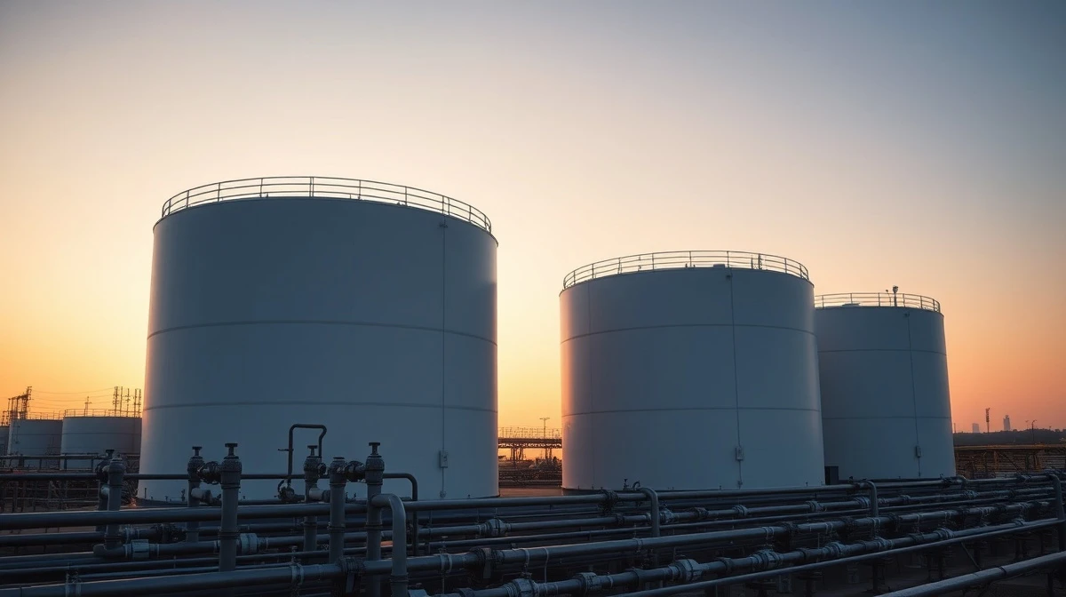 Natural gas storage facility at sunset with large white tanks and industrial piping