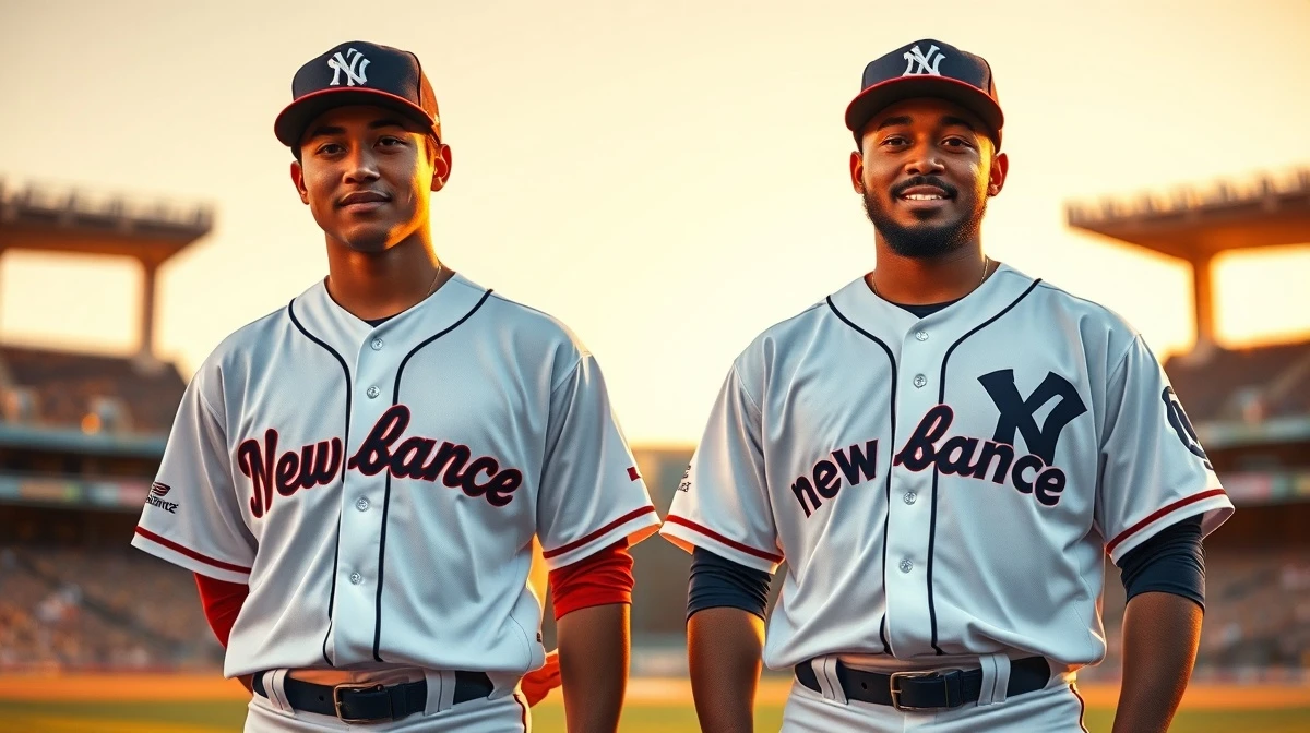 Shohei Ohtani and Francisco Lindor in New Balance uniforms, representing the brand's family-oriented baseball marketing strategy