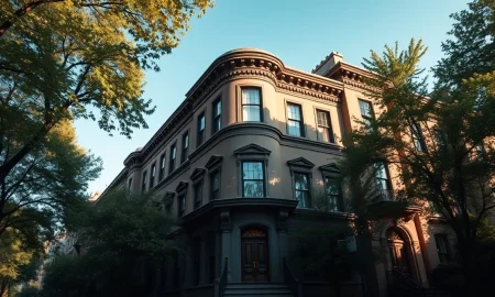 Elegant brownstone townhouse on a tree-lined street in a wealthy New York City neighborhood.