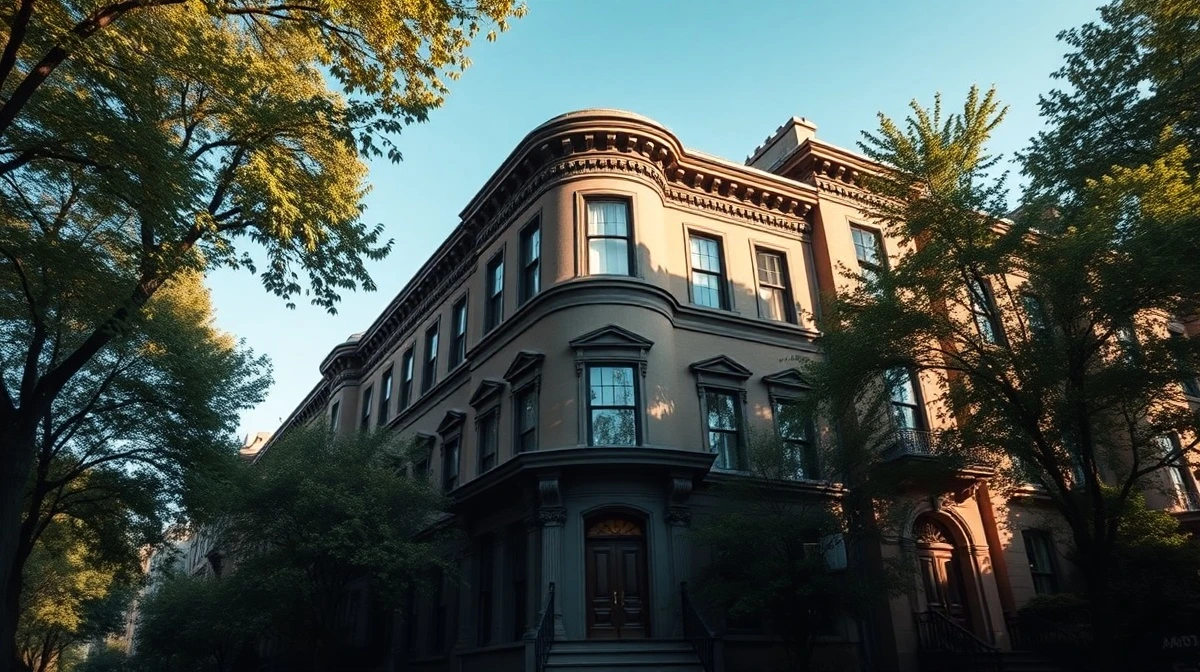Elegant brownstone townhouse on a tree-lined street in a wealthy New York City neighborhood.