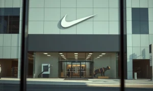 Exterior of a Nike store with legal document reflection, representing the class action lawsuit.