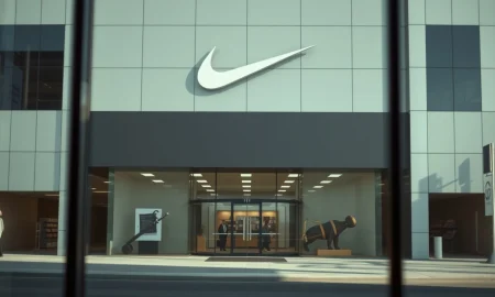 Exterior of a Nike store with legal document reflection, representing the class action lawsuit.