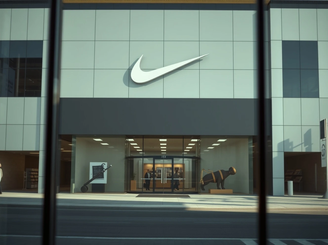 Exterior of a Nike store with legal document reflection, representing the class action lawsuit.