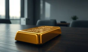 Gold bar with digital blockchain pattern projected on it representing a gold-backed stablecoin concept
