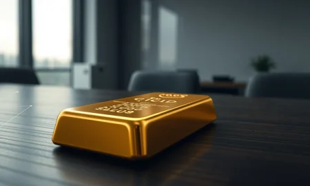 Gold bar with digital blockchain pattern projected on it representing a gold-backed stablecoin concept