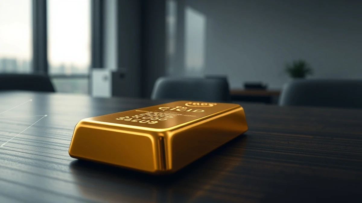 Gold bar with digital blockchain pattern projected on it representing a gold-backed stablecoin concept