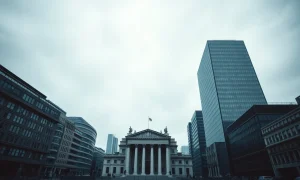 Grey London financial district skyline with Bank of England, representing UK economic uncertainty.
