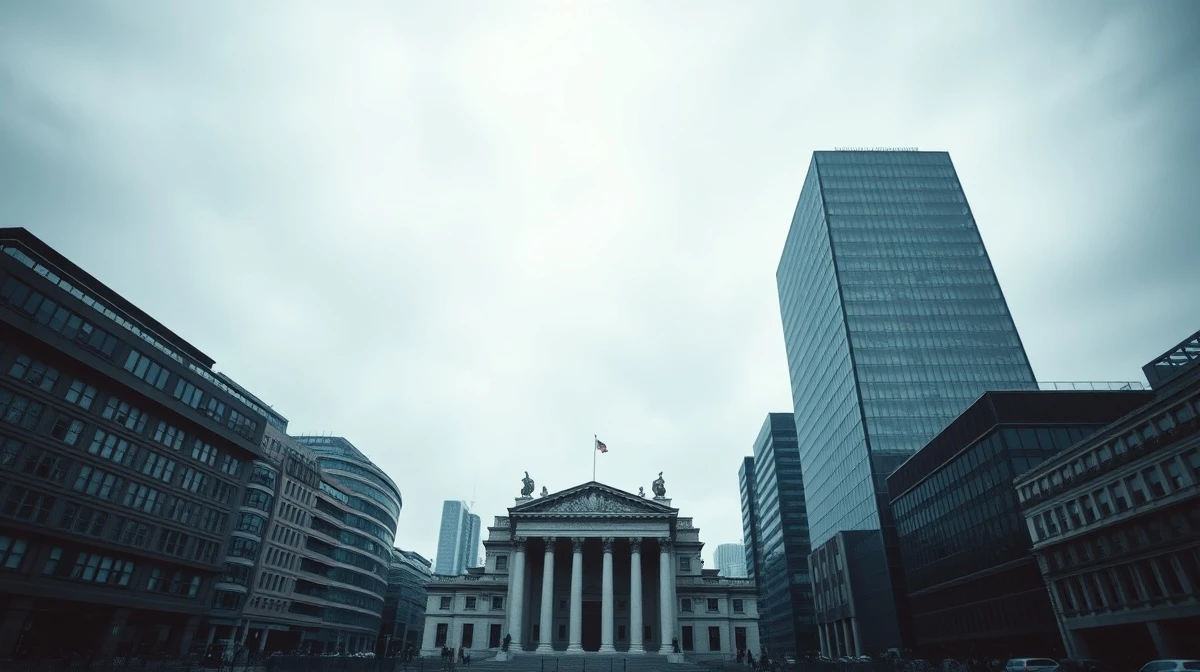 Grey London financial district skyline with Bank of England, representing UK economic uncertainty.