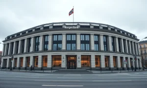 Exterior of Norges Bank headquarters in Oslo, Norway, on a cloudy day.