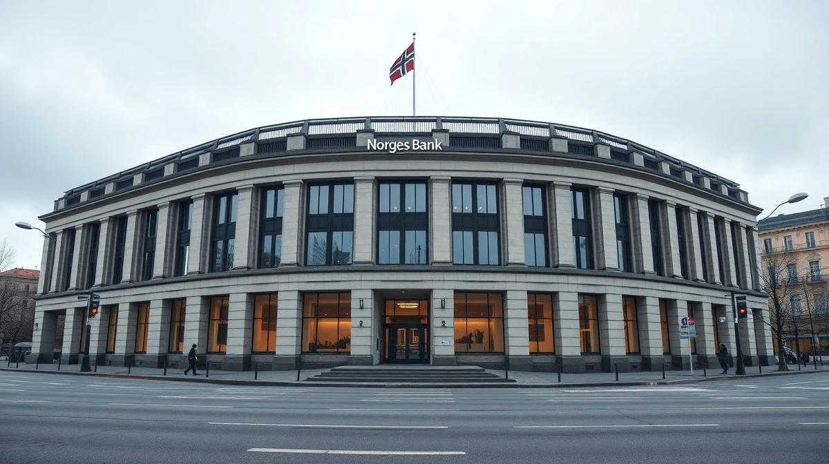 Exterior of Norges Bank headquarters in Oslo, Norway, on a cloudy day.