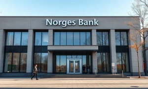 Exterior of Norges Bank headquarters in Oslo on a clear morning