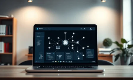 Notion interface on a laptop screen showing AI agents and workflow connections in a modern office setting