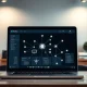 Notion interface on a laptop screen showing AI agents and workflow connections in a modern office setting