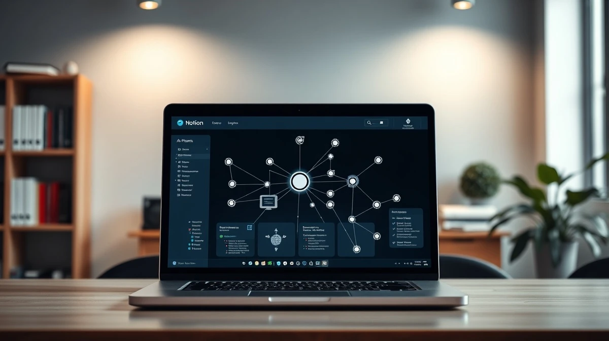 Notion interface on a laptop screen showing AI agents and workflow connections in a modern office setting