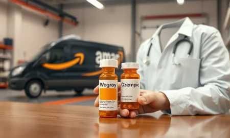 Pharmacist holding Wegovy and Ozempic pill bottles in a clean pharmacy setting near an Amazon delivery van.