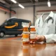 Pharmacist holding Wegovy and Ozempic pill bottles in a clean pharmacy setting near an Amazon delivery van.