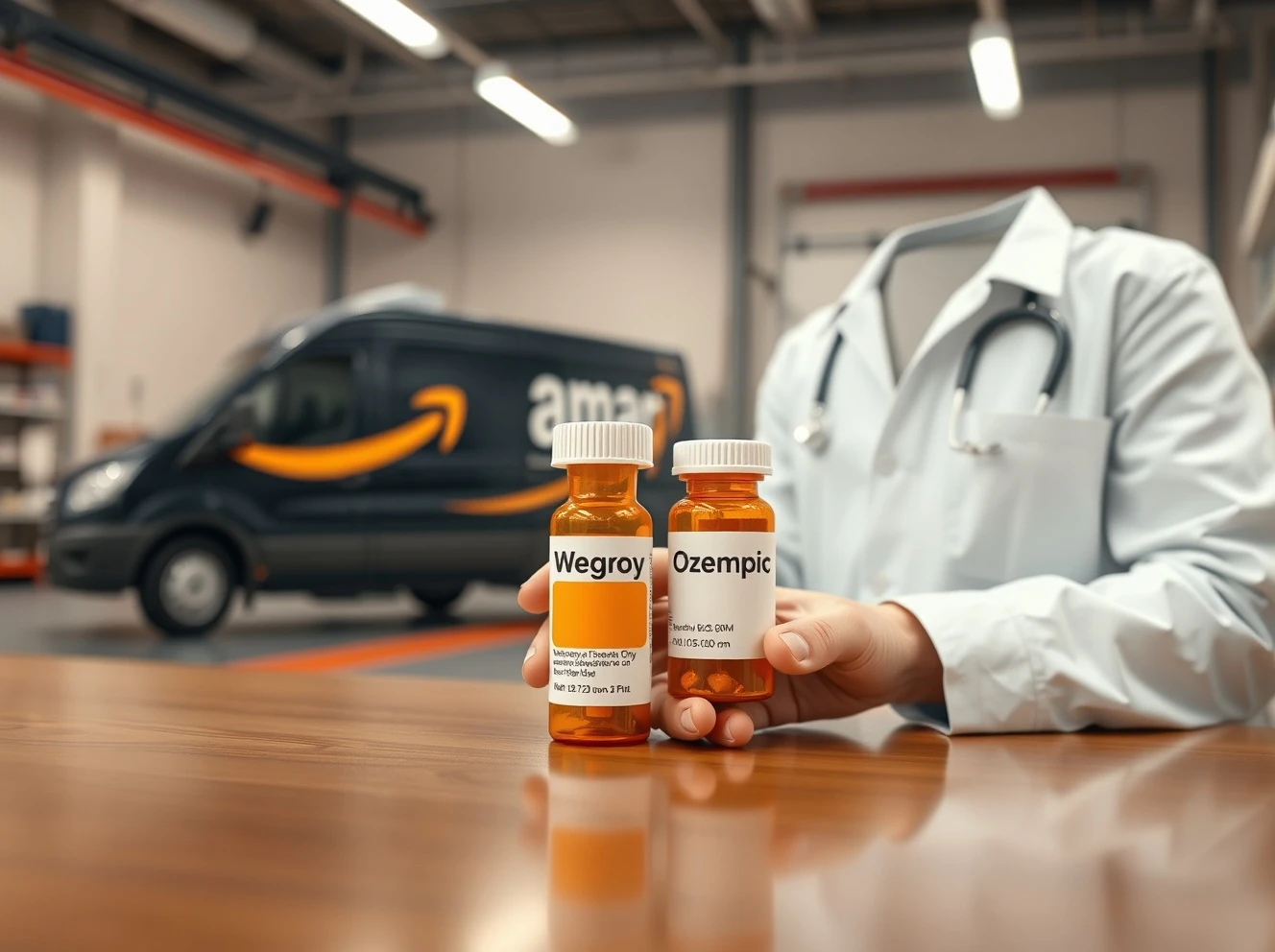 Pharmacist holding Wegovy and Ozempic pill bottles in a clean pharmacy setting near an Amazon delivery van.