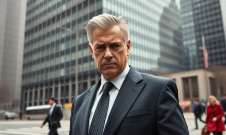 Serious businessman in suit outside Manhattan skyscraper, representing NYC real estate interests.